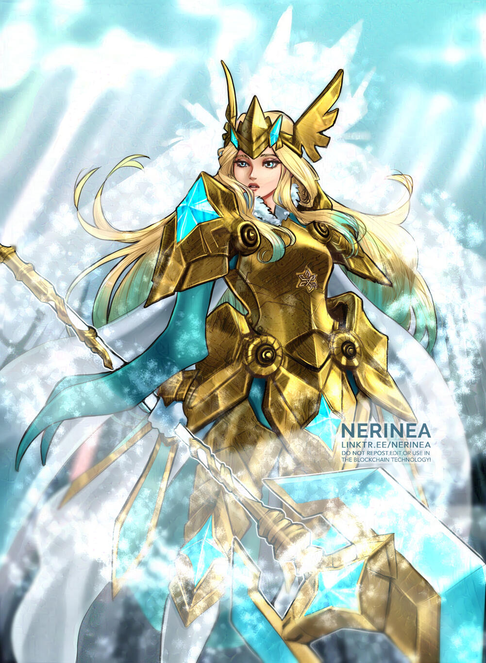 "Hvergel" - card illustration for Anna's Roundtable tabletop game. Featuring original design by me, inspired by Valkyries and armour of her descendant who we meet in Fire Emblem Heroes game. Embraced by Nifl, an ice deity and her lover.