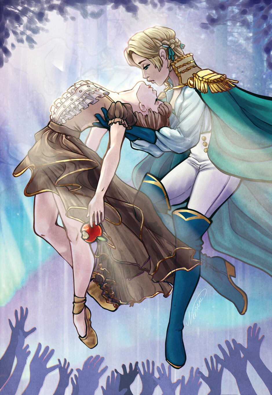 Mercedes and Ingrid from Fire Emblem Three Houses imagined as Snow White and prince catching her before she succumbs to poisoned apple from the story. Pose inspired by ballet depictions of famous fairy tales. Drawn for Story Across Time fanthology.