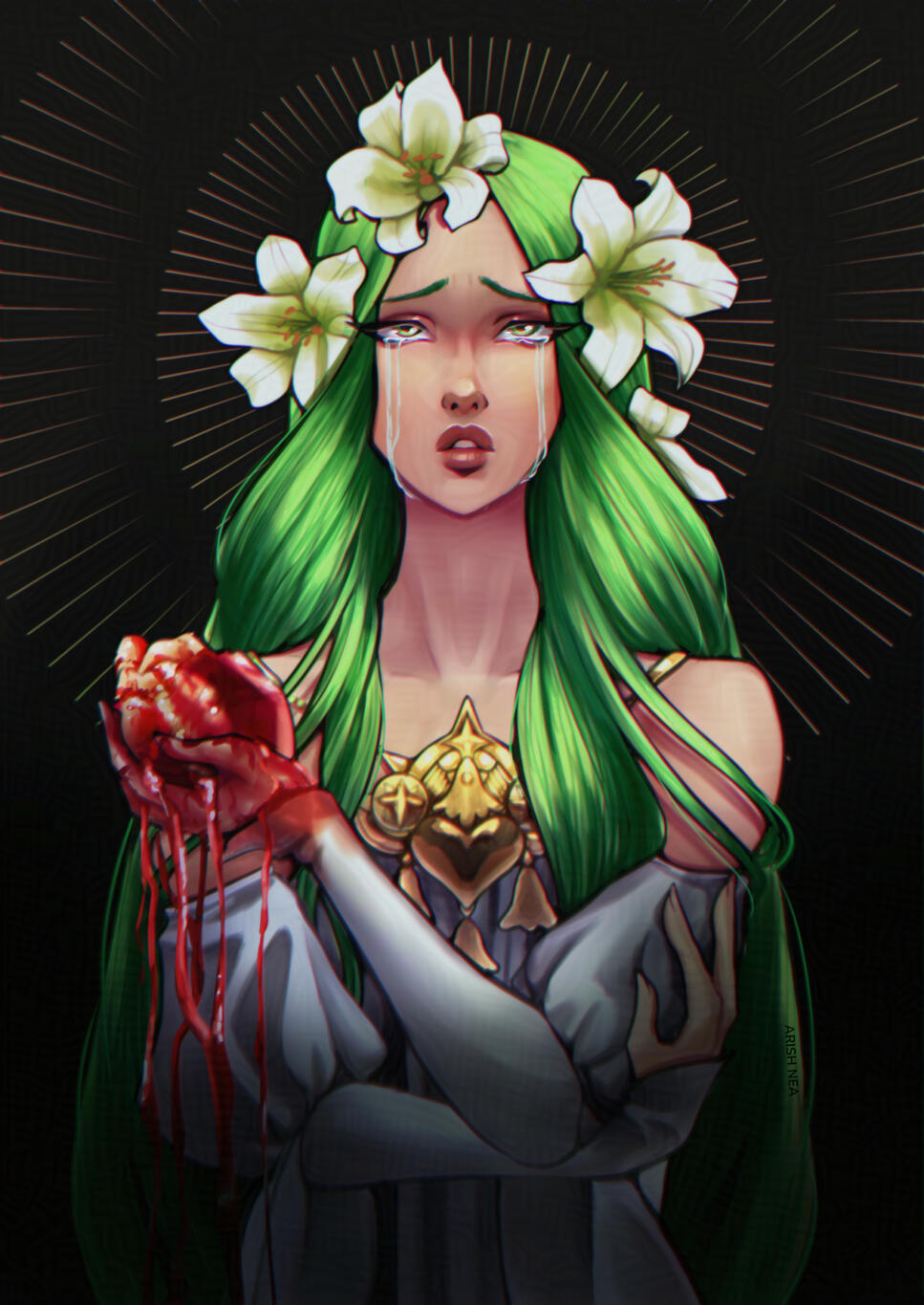 A solemn fanart of Archbishop Rhea, a tragic antagonist from video game Fire Emblem Three Houses.