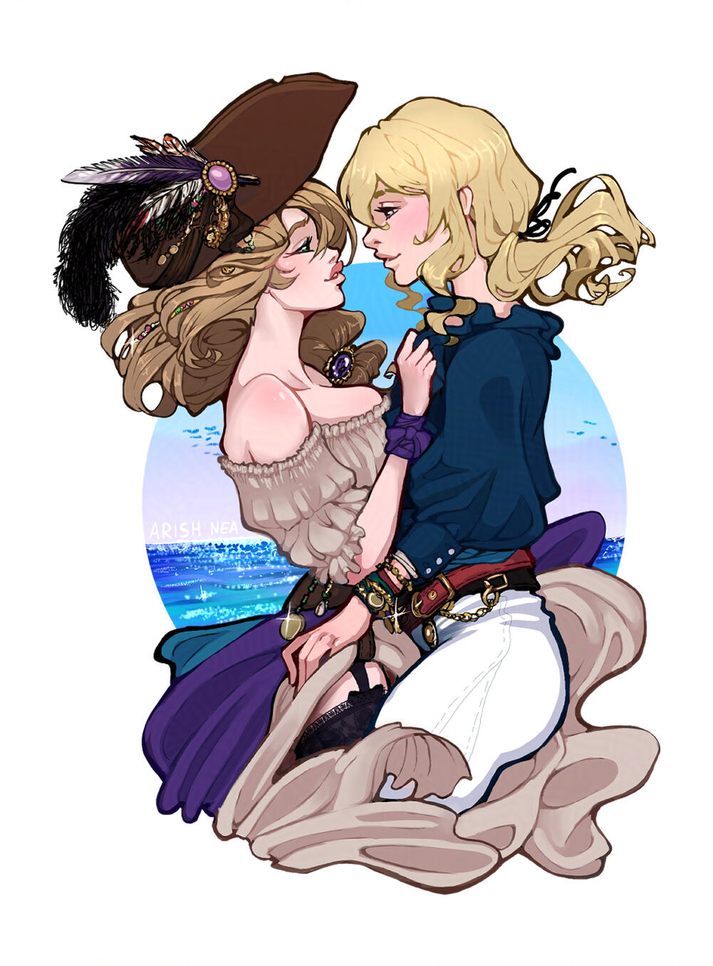 Sapphic lesbian pirates. Portraying Jean Gunnhildr and Lisa Minci from Genshin Impact video game in pirate AU.