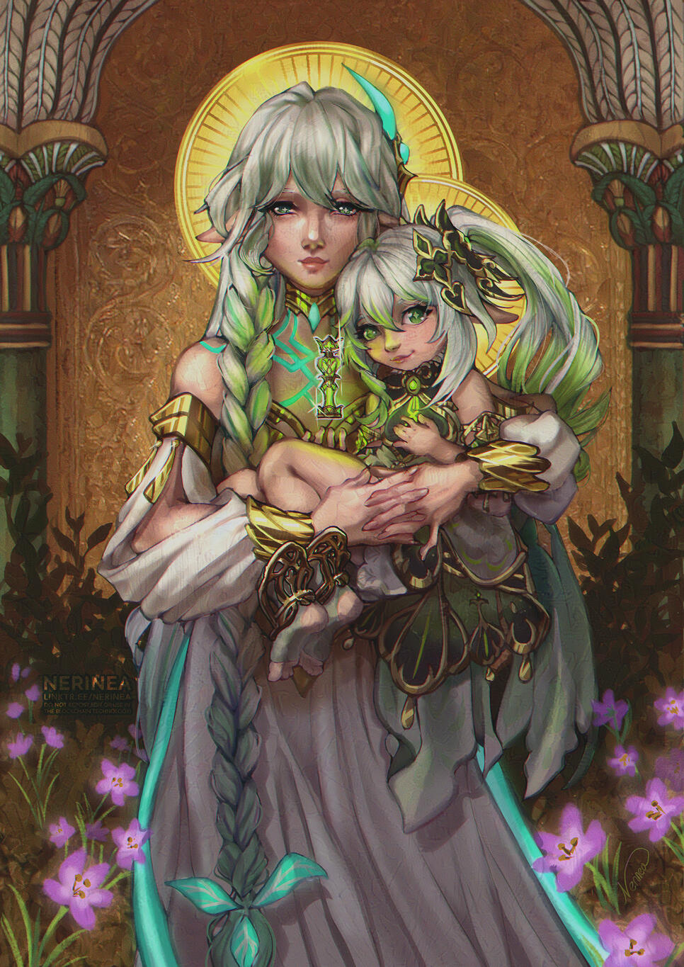 A re-imagination of the painting "The Madonna of the Roses", but with Rukkhadevata and Nahida, characters from Genshin Impact.