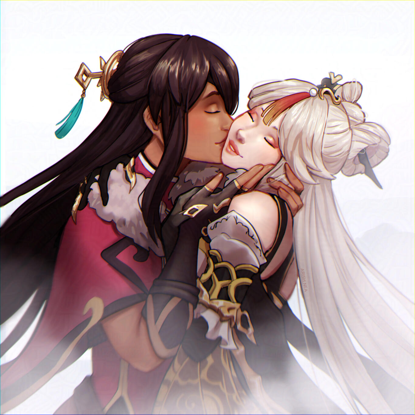 "Who else if not you" - a tribute to Klimt's Kiss with characters Ningguang and Beidou from Genshin Impact. Beiguang fanart.