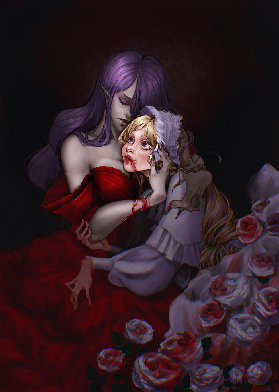Vampires Camilla and Elise from Fire Emblem Fates. Fanart painting of thee characters imagined as vampires. It shows a moment where Elise is being being turned into vampire as an allegory for losing childhood innocence.
