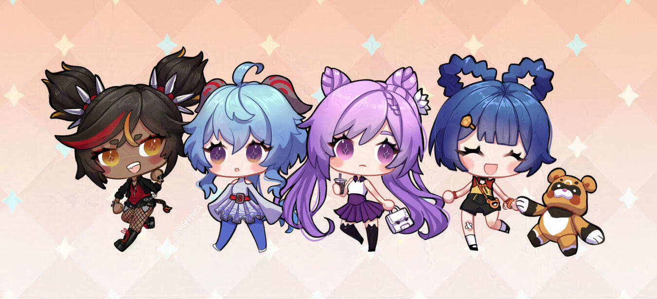 Genshin Impact Ganyu Keqing Xiangling chibi video game anime art