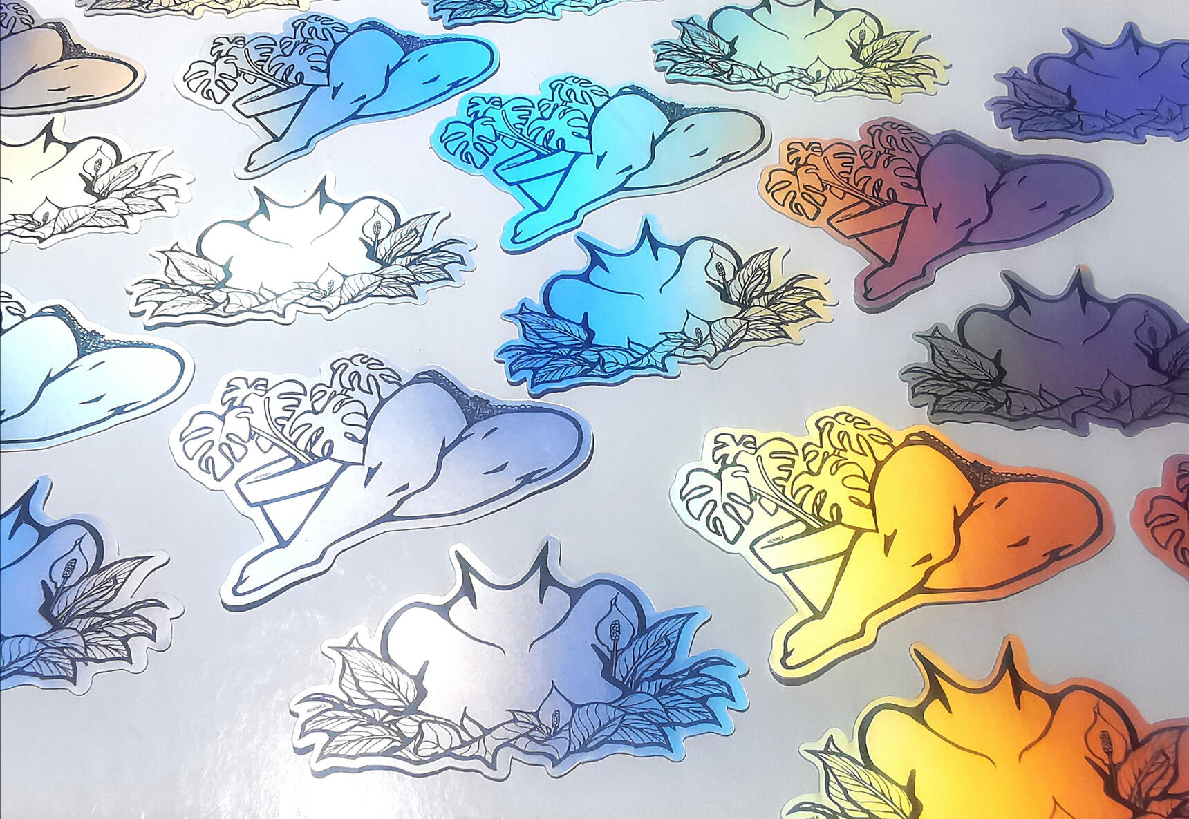 Another display of my two original art stickers. They were meant to be the first two in an art series celebrating the comfort and beauty of feminine lingerie with house plants. Because nothing says comfy home as your girl in lingerie and houseplants! :D