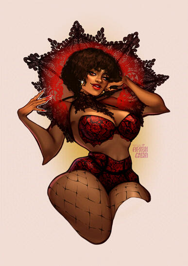 A pin-up drawing of a black vampiress.